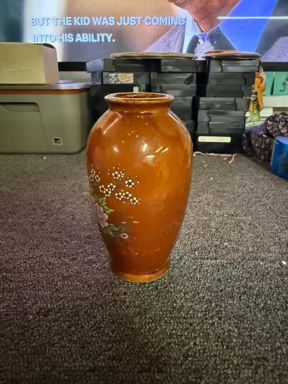 Vintage Japanese Ceramic Floral Vase Brown Glaze